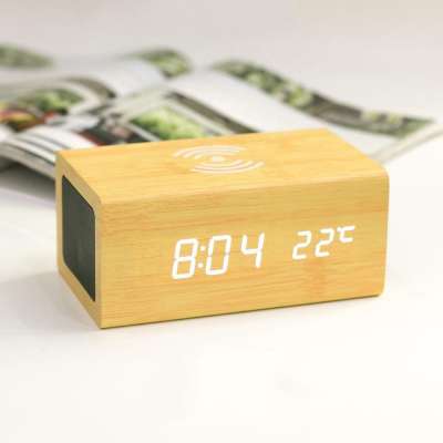 KH-WC061 Multi-function Desktop Square Wooden Desk Table Smart LED Digital Alarm Clock with Wireless Charging Speaker