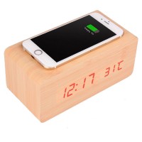 Wireless Charger Wooden Alarm Clocks For Mobile Phone LED Wireless Charging Wooden Smart Alarm Clock with Temperature Display