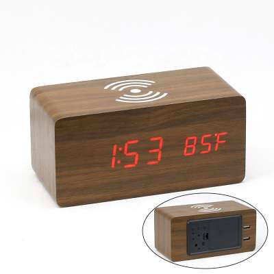 KH-WC028 LED Digital Alarm Clock Wood Phone Qi Wireless Charger with 2 USB Port Hub