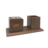 led alarm clock Sound Control wooden clock wireless charger penholder