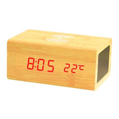 KH-WC061 Multi-function Table LED Digital Wooden Alarm Clock Speaker Wireless Charger