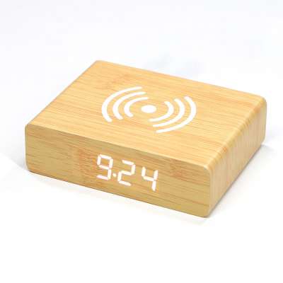 KH-WC063 Slim Smart Phone Charging Alarm Clock Wood wireless Charger with LED Digital Display