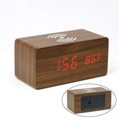 KH-WC028 Desk Electronic Digital LED Wooden Wireless Charging Alarm Clock With 2 USB Charger Port