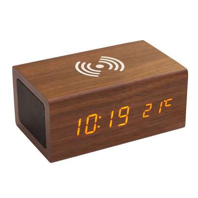 KH-WC061 Hotel/Home Desktop Portable Wooden Wireless Charger Speaker With LED Display Alarm Clock