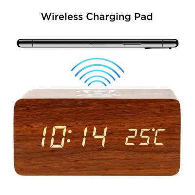 KH-WC021 Electronic Temperature Time Display Desk LED Wooden Digital Alarm Clock Wireless Charger for Iphone Phone