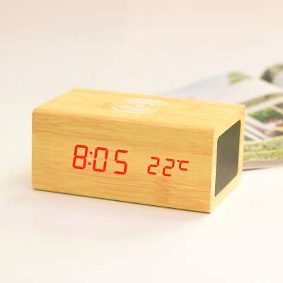 KH-WC061 Multi-function LED Digital Time Temperature Wooden Alarm Clock with Bluetooth Speaker with Wireless Charger