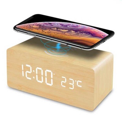 KH-WC021 High Quality Multi-function Desktop Bedside LED Electronic Wood Desk Alarm Clock with Thermometer Wireless Charger