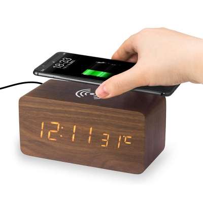 KH-WC021 Wholesale Temperature Time Display LED Digital Electronic Wooden Alarm Clock with Phone Wireless Charger