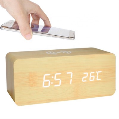 KH-WC021 Custom 2 In One PVC Standard Desk Wood Mobile Phone wireless Qi charger with LED Digital Clock