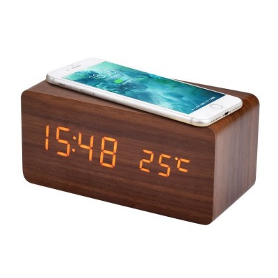 KH-WC021 Modern Hotel Rectangle LED Digital Table Mobile Phone QI Wooden Wireless Charging Alarm Clock with Temperature Display