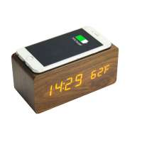 Kid table desk top bamboo wireless charging digital led light wooden smart alarm clock with temperature wireless recharger