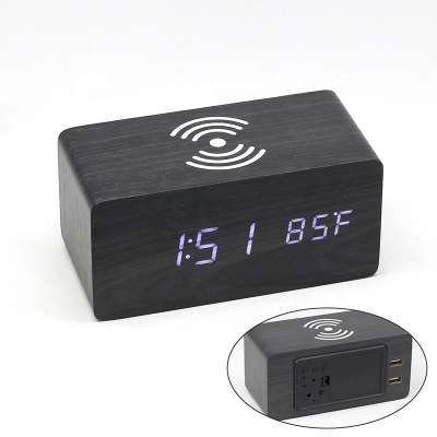 KH-WC028 Desktop LED Digital Hotel Table Wooden Wireless Charger Alarm Clock with Dual USB Charger Port