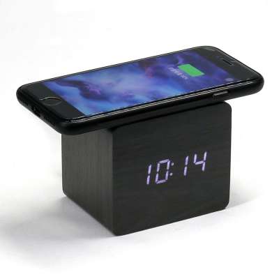 KH-WC020 Modern Multi-function Electronic LED Digital Wooden Alarm Clock With Wireless Charging Function